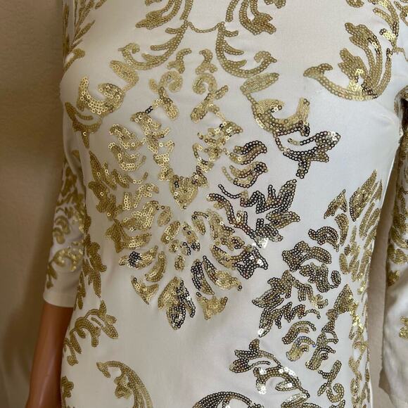 B.Darlin Dress Ivory W/Gold Sequins Lined Cut Out Back Body Con Size 7/8 - Picture 8 of 11